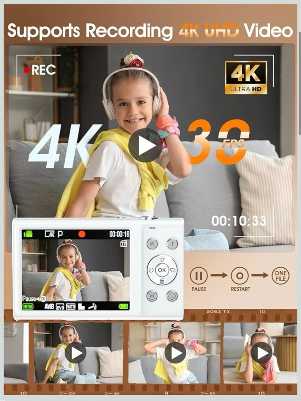 White 4K Digital Camera - Compact Photo & Video Camera